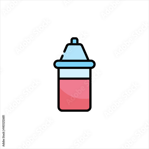 Baby bottle filled with pink liquid sits on white surface, representing feeding time and infant care in a simple, cute style.