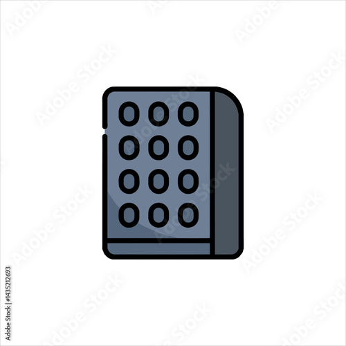 Keypad sits on a white surface, showing a digital lock system with buttons for security and access control in a modern style.