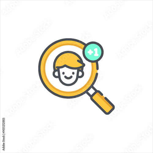Smiling cartoon character is being searched with a magnifying glass, indicating new follower or friend request on social media platform.