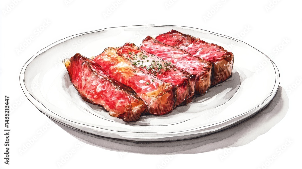 Watercolor of Delicious Grilled Beef Steak Detailed Hand Drawn,illustration,Freshly medium rare grilled beef steak, fried meat, close-up, isolated on white background. Watercolor of Delicious Grilled Beef Steak Detailed Hand Drawn,illustration,Freshly medium rare grilled beef steak, fried meat, close-up, isolated on white background.