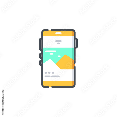 Smartphone displaying a minimalist landscape app interface with mountains and sky, showcasing modern technology and clean user experience.