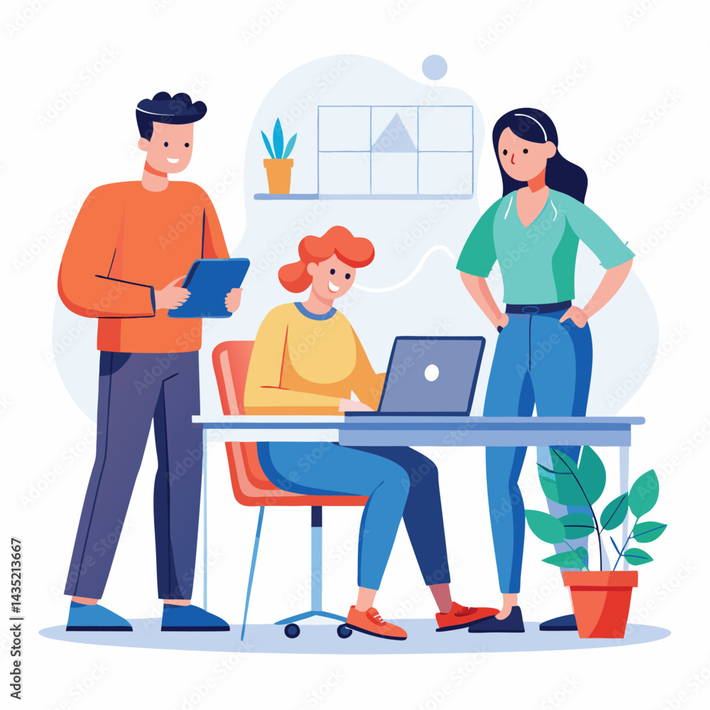 man sitting at his desk working on laptop, with woman standing near him holding phone, designed in flat style vector
man sitting at his desk working on laptop, with woman standing near him holding phone, designed in flat style vector