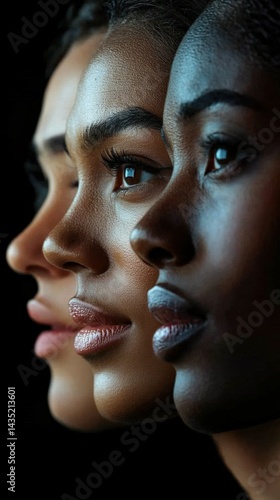 This image depicts the faces of three diverse individuals coming together in unity, symbolizing racial harmony and equal representation.