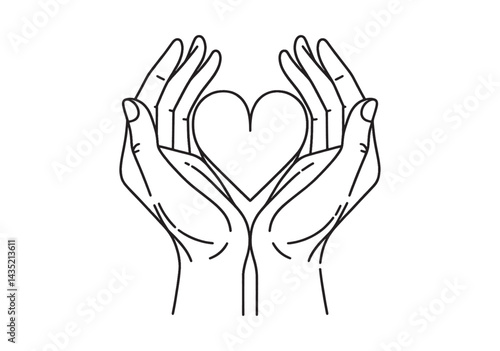 Vector simple linear illustration of two hand drawn hands gently holding a heart, hand poster, logo, print design template, symbolizing care, love, support, gesture in minimal modern art style.