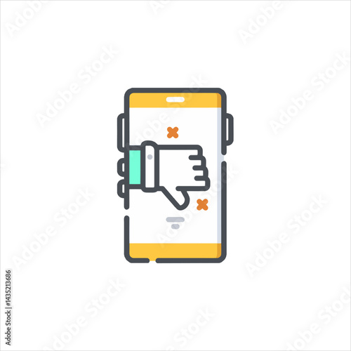 Hand giving thumbs down on smartphone screen, indicating disapproval of online content, isolated on white, expressing negative feedback and online criticism.