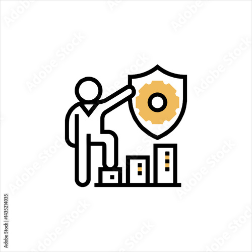 Stick figure climbs bar chart steps while holding shield with gear, symbolizing business protection and growth in modern economy.