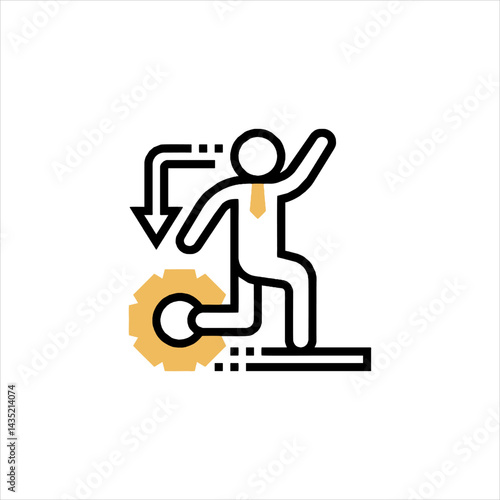 Businessman stepping down from a platform onto a gear, symbolizing career change or a strategic decision in a minimalist style.