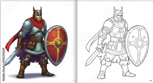 Viking Warrior with Shield and Sword: This image showcases a detailed illustration of a Viking warrior, brandishing a sword and shield, ready for battle or a coloring activity.