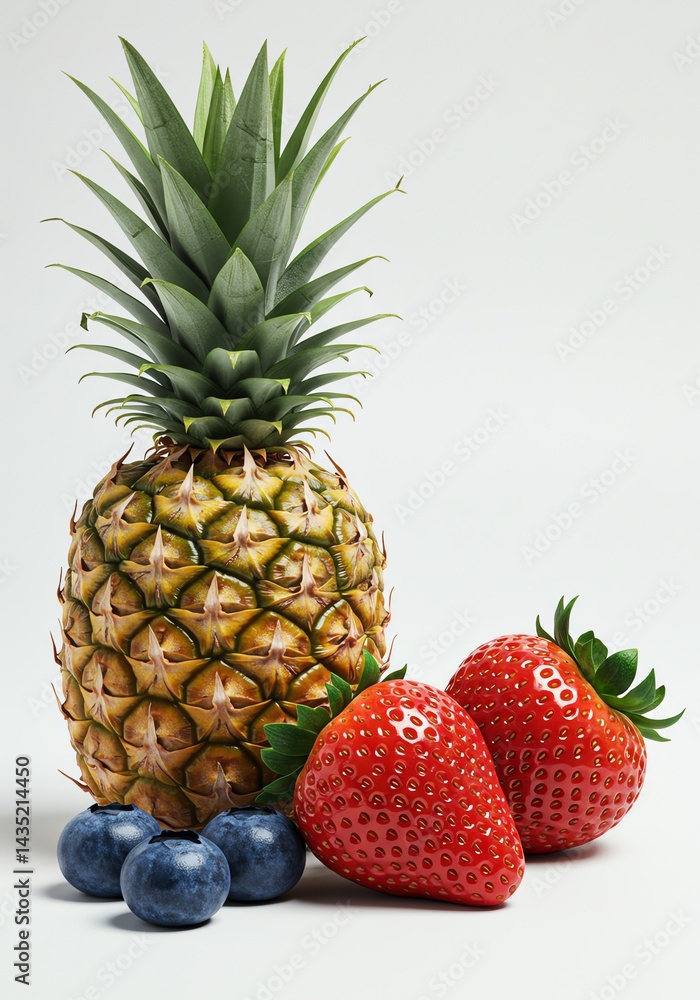 Fototapeta premium Pineapple and Berries Still Life on White Background