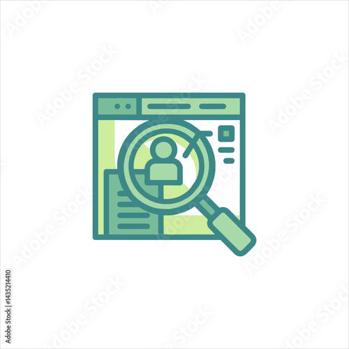 Person being searched on a webpage with a magnifying glass, representing recruitment and hiring in a digital format, conveying a modern and efficient process.