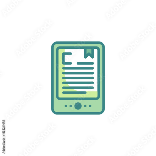 Ereader displays digital book on screen with bookmark in simple style against white backdrop representing modern reading and technology.