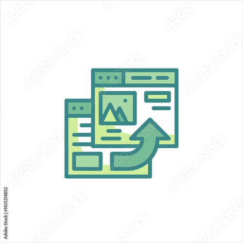 Website migration process showing data transfer between two web pages with upward arrow indicating upgrade, symbolizing seamless transition and improvement.