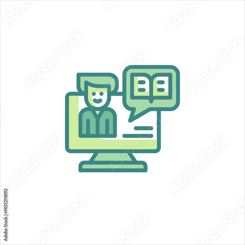 Smiling student learning online with computer and book in speech bubble, education concept, modern and engaging.