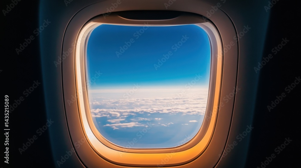 Fototapeta premium An airplane window with a blank, clear sky visible outside.