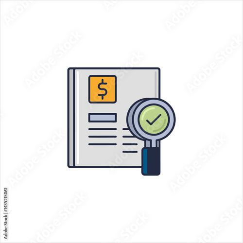 Financial audit document being inspected with magnifying glass on white backdrop signifying accuracy and compliance.