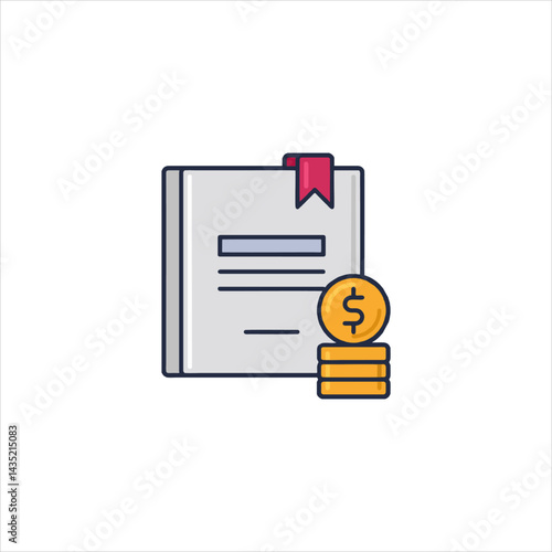 Book resting next to stack of gold coins on white surface representing financial literacy and investment planning, conveying wealth and education.