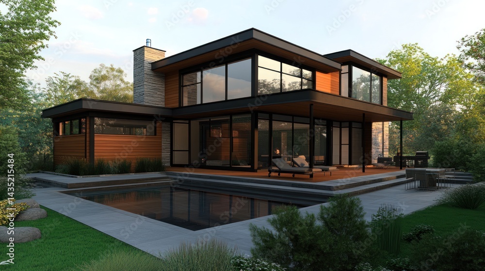 Modern house with pool and large windows. Modern house with pool and large windows.