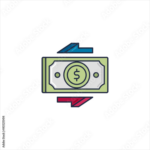Money exchange showing financial transaction with dollar sign and arrows indicating transfer of funds in a clean and modern style.