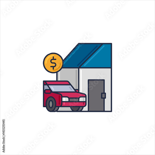 Red car parked in front of a house with a dollar coin floating nearby, representing financial investment in property and transportation, in a simple and clean style.