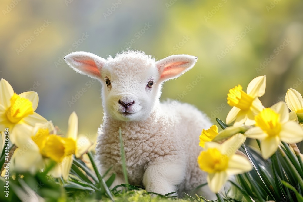 Adorable lamb among bright yellow daffodils in a spring meadow Adorable lamb among bright yellow daffodils in a spring meadow