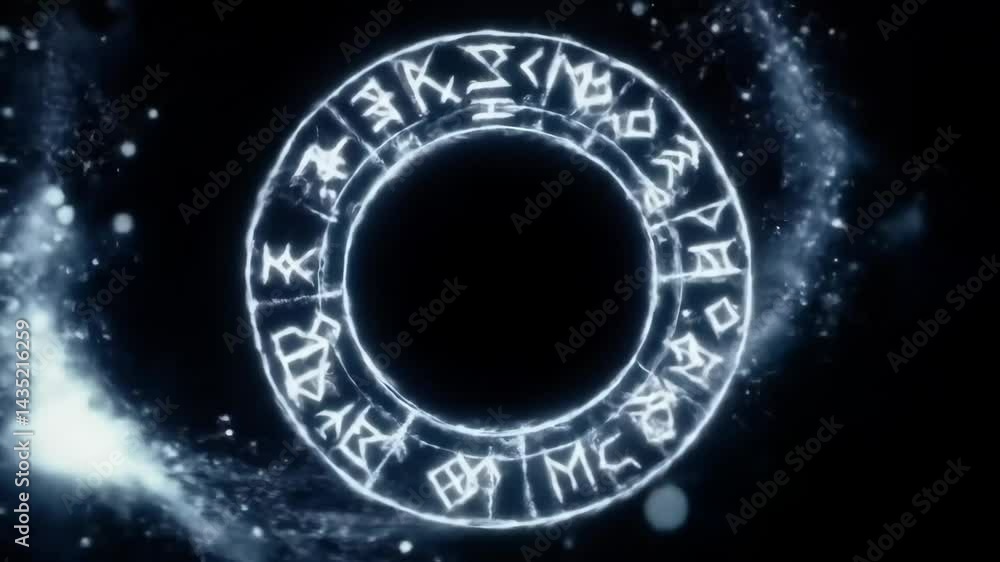 Rotating glowing ancient circle with runes and swirling particles on ...