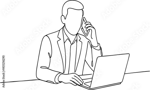 Minimalist one line art of a businessman talking on phone while working on a laptop at a desk. Simple black line on white background, modern office scene.