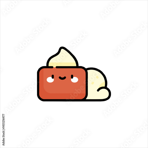 Cute toast character smiles with cream on a white surface, creating a playful and inviting mood for breakfast or snack time.