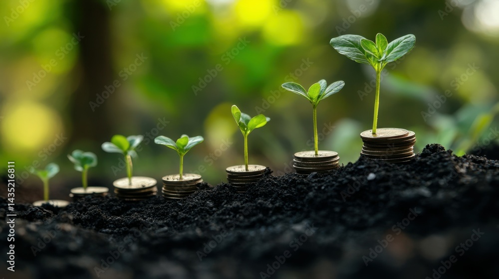 Fototapeta premium Small plants growing in a line of coins in dark soil; the tallest plant is at the right.