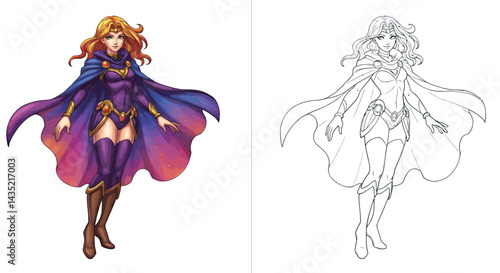 Courageous Heroine: A detailed illustration of a heroic female figure, standing confidently. Her expressive face, cascading hair, and striking cape depict a sense of empowerment and adventure.