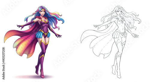 Artistic Rendering of a Superheroine: A vibrant depiction of a female superheroine in full color alongside a complementary line art version, showcases detailed artwork, dynamic poses.