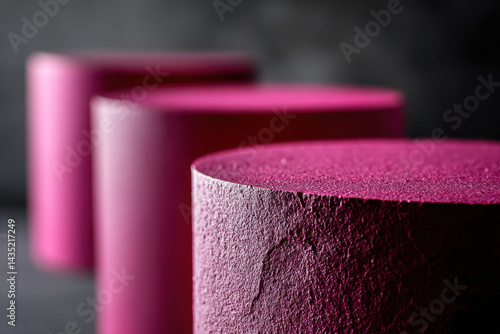 Magenta ceramic podiums forming a cylinder on dark background
