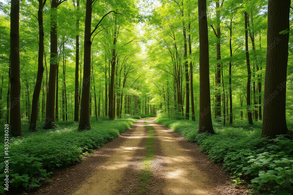 Fototapeta premium dirt road in the middle of a lush green forest11