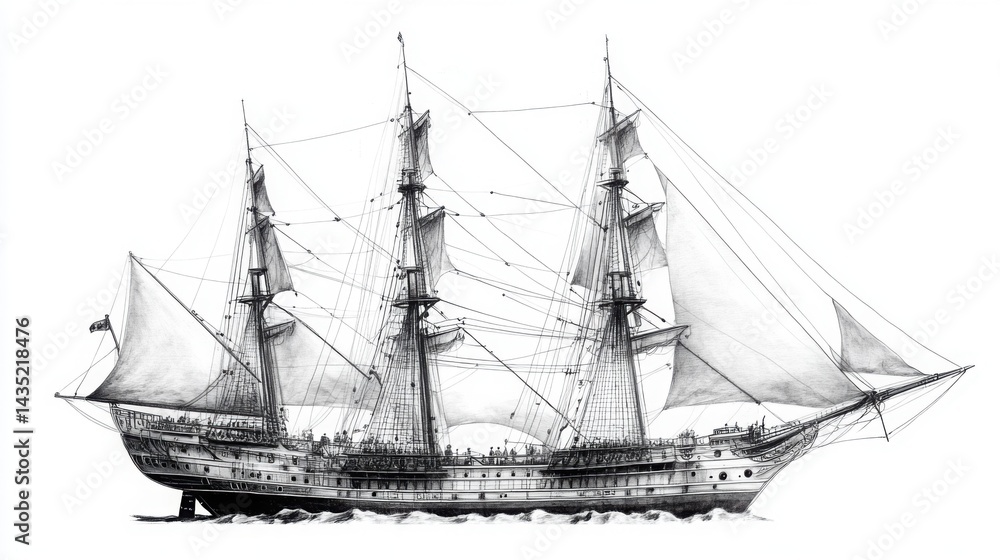 Naklejka premium Classic ship drawing of the Concepcian, intricately detailed rigging and sails, isolated on plain white