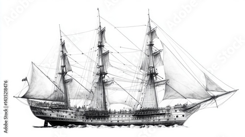 Wallpaper Mural Classic ship drawing of the Concepcian, intricately detailed rigging and sails, isolated on plain white Torontodigital.ca