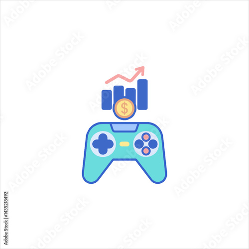Gamepad showing financial growth with coin and chart, representing the lucrative gaming industry and its potential for profit and success.