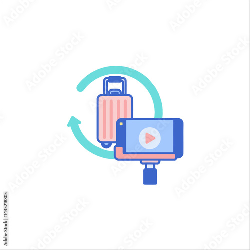 Suitcase and smartphone rotating showing travel vlog content for social media marketing in bright, modern style.