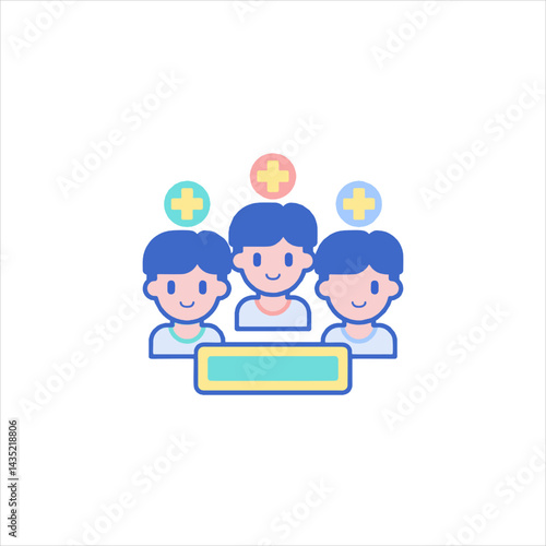 Group of young boys standing behind a counter with plus signs above their heads, representing healthcare or support in a friendly and approachable style.