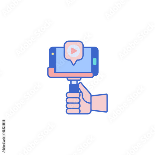 Hand holding smartphone on selfie stick recording video with play button notification in modern style, representing content creation and online streaming.
