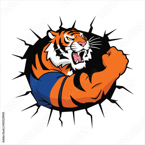 A cartoon-style tiger is breaking through a circular black frame. The tiger is orange with black stripes, and it has a blue band around its waist. It's flexing its right arm.