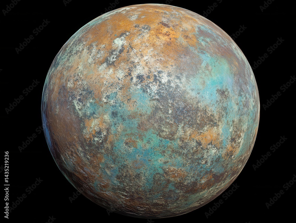 Fototapeta premium Detailed close up of a planet with a textured surface in shades of brown orange and blue on a black background creating a sense of depth and mystery
