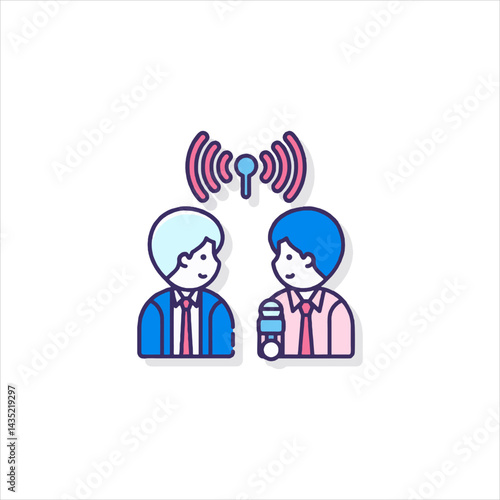 Two journalists interviewing each other in a studio with microphone and signal waves above them, conveying a sense of communication and news broadcasting.