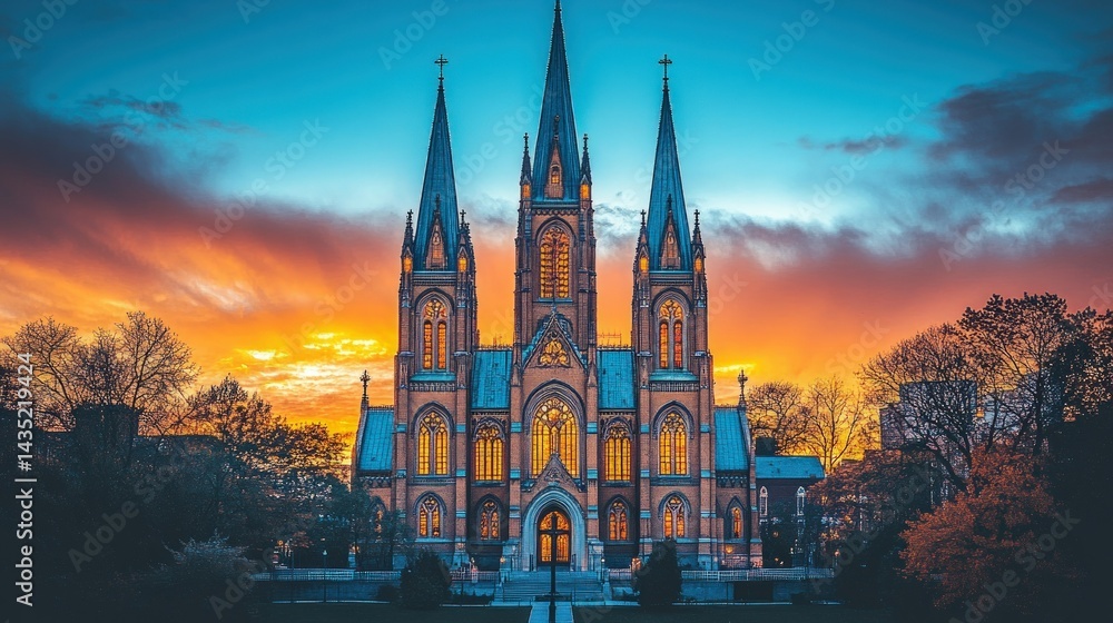 Fototapeta premium Churchs Golden Hour Gothic spires glow in sunsets embrace