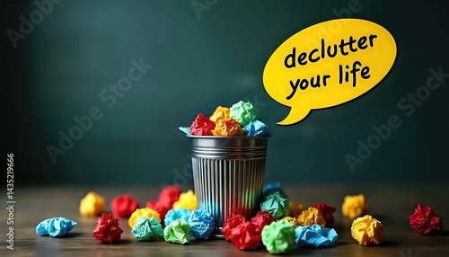 Trash can with speech bubble and crumpled papers surrounding
