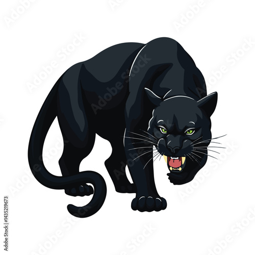A sleek, black panther in a crouched, prowling stance. Its green eyes are clearly visible, and its mouth is slightly open, revealing sharp teeth. 