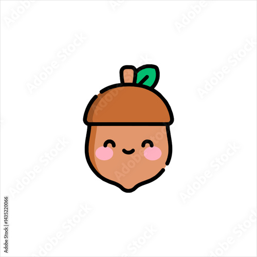 Cute acorn smiles sweetly on white surface, showing its rosy cheeks and tiny leaf in a cheerful and whimsical manner.