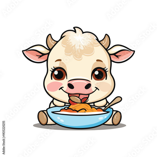 A cute, cartoon-style calf sitting down and happily eating from a light blue bowl with a spoon. The calf is mostly cream-colored with small horns, big brown eyes, rosy cheeks, a pink nose and tongue.