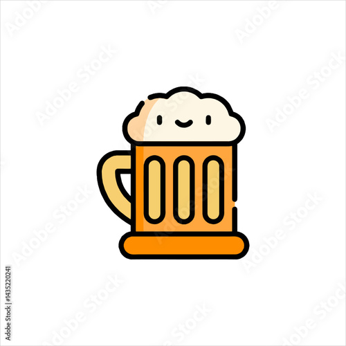 Cute beer mug smiling with foamy head on white, minimalist style for bar or celebration, cheerful and inviting.