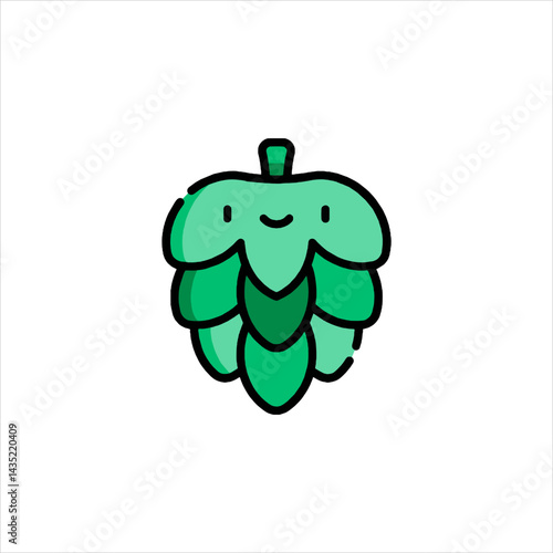 Cute green hop bud smiling cheerfully on white surface, representing brewing ingredient and beer production with playful and friendly vibe.