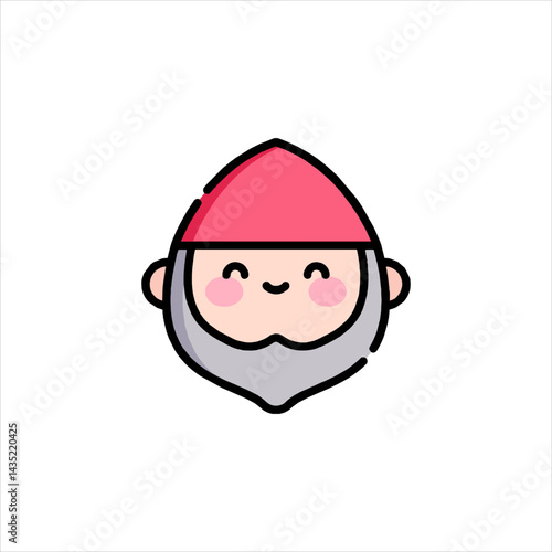 Cute gnome smiles sweetly with rosy cheeks and a red hat against a white canvas, radiating a cheerful and whimsical vibe.