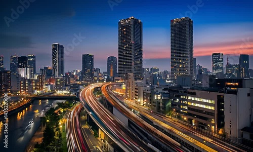 Wallpaper Mural City lights illuminate the night sky as traffic flows on elevated roadways. Skyscrapers dominate the urban landscape with a vivid sunset Torontodigital.ca